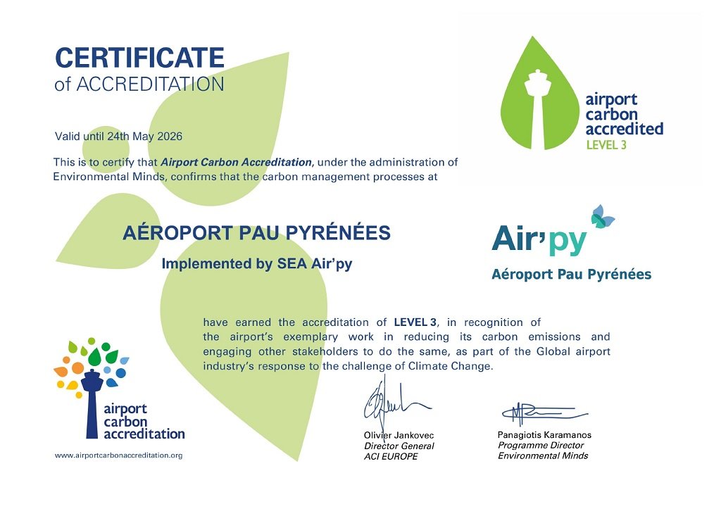L'Aéroport Pau Pyrénées obtient l'ACA 3
