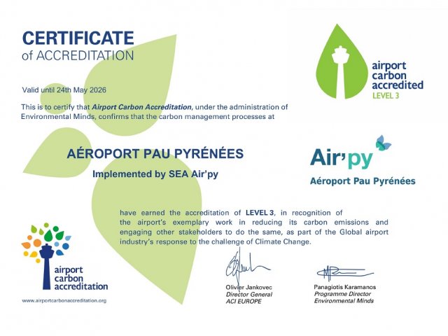 L'Aéroport Pau Pyrénées obtient l'ACA 3